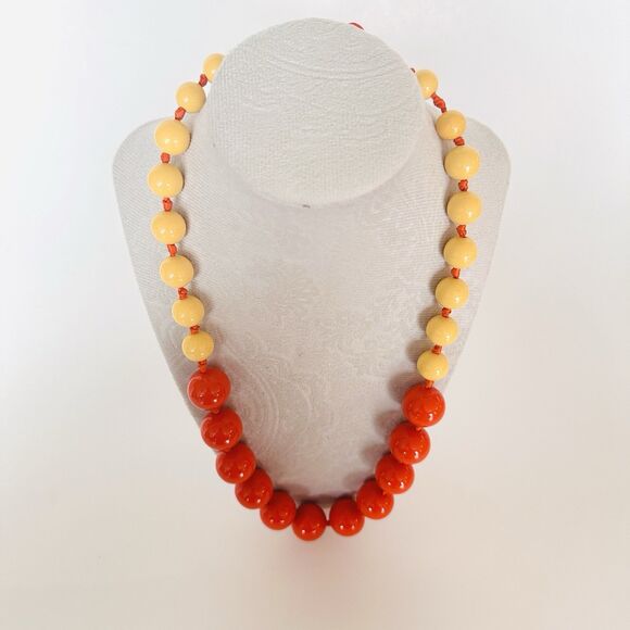 Gum Ball Chunky Beaded Necklace Knotted Tie Satin Ribbon Graduated Orange Yellow - Picture 5 of 7